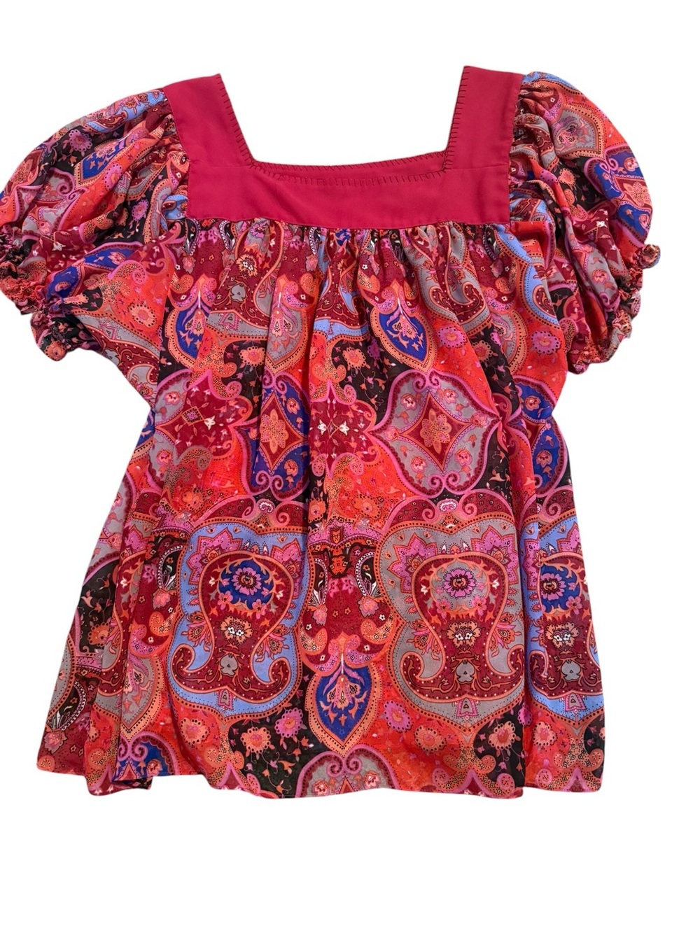 Womens Lane Bryant Vibrant Paisley Puff-Sleeve Blouse in Red and Pink Size 18/20